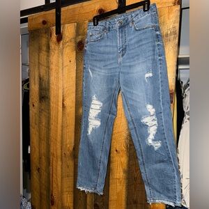 High-Rise Distressed Mom Jeans - Light Blue